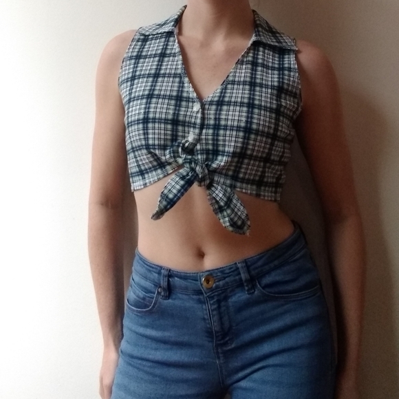 Vintage Tops - Vintage 90's Blue Plaid Knot Front Sleeveless Top